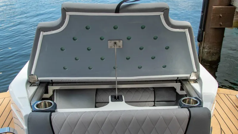 Slide: The Image of 2023 Alfastreet 23 Cabin Electric boat with open storage compartment. - 36