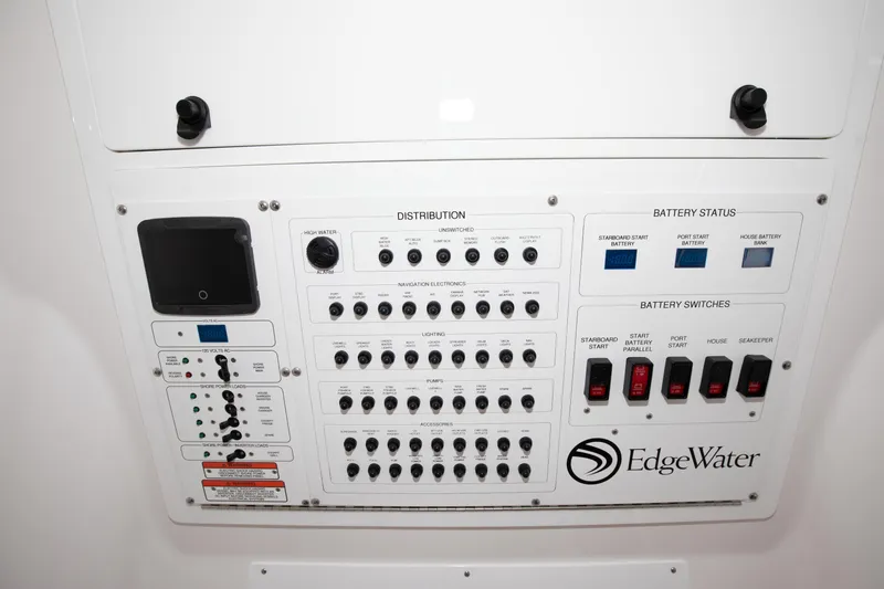 Slide: The Image of Edgewater 340CC 2024 control panel with battery status and distribution switches. - 19