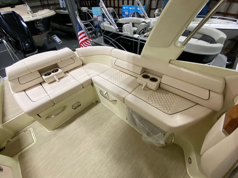 Slide: The Image of 2025 Chris-Craft Launch 28 GT interior, featuring luxurious seating and modern design. - 8