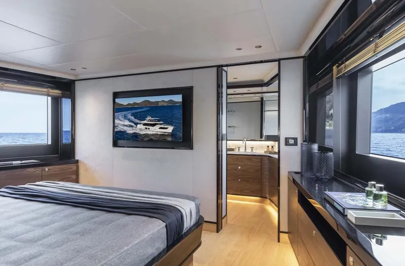 Slide: The Image of Luxurious bedroom interior of 2024 Absolute 68 NAVETTA yacht with ocean view. - 16