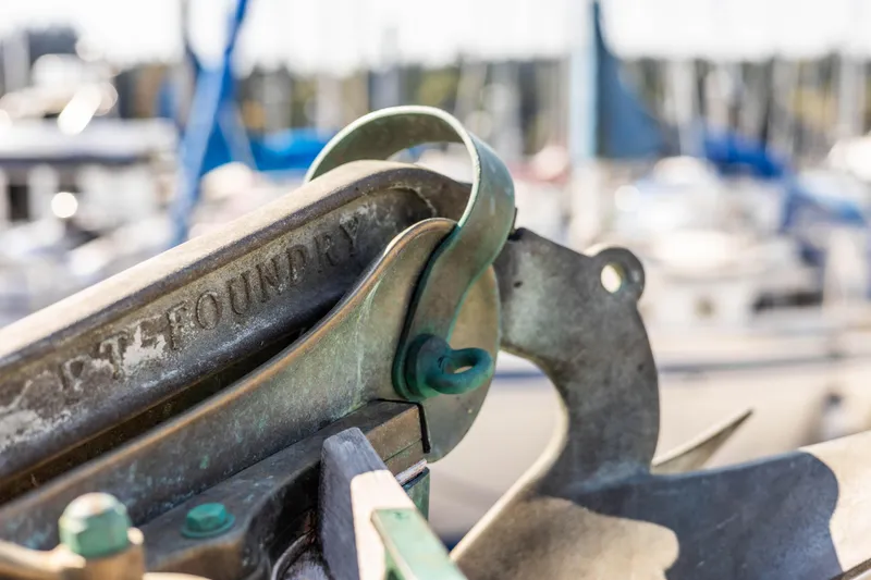 Slide: The Image of Close-up of anchor mechanism on 2009 Custom Gartside Downeast Cruiser at marina. - 47