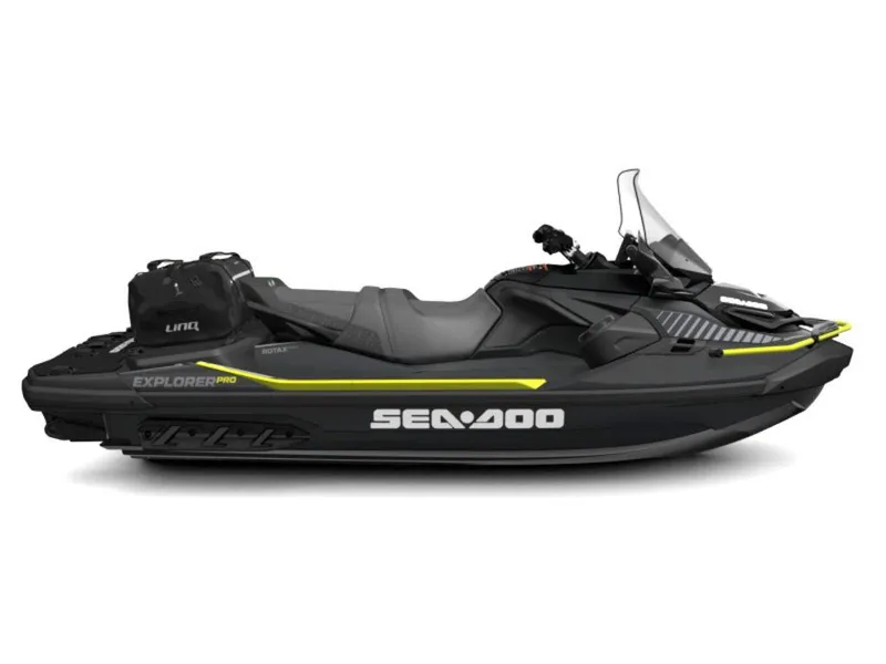 Slide: The Image of 2024 Sea-Doo Explorer Pro® 230 jet ski, black and yellow, side view. - 2