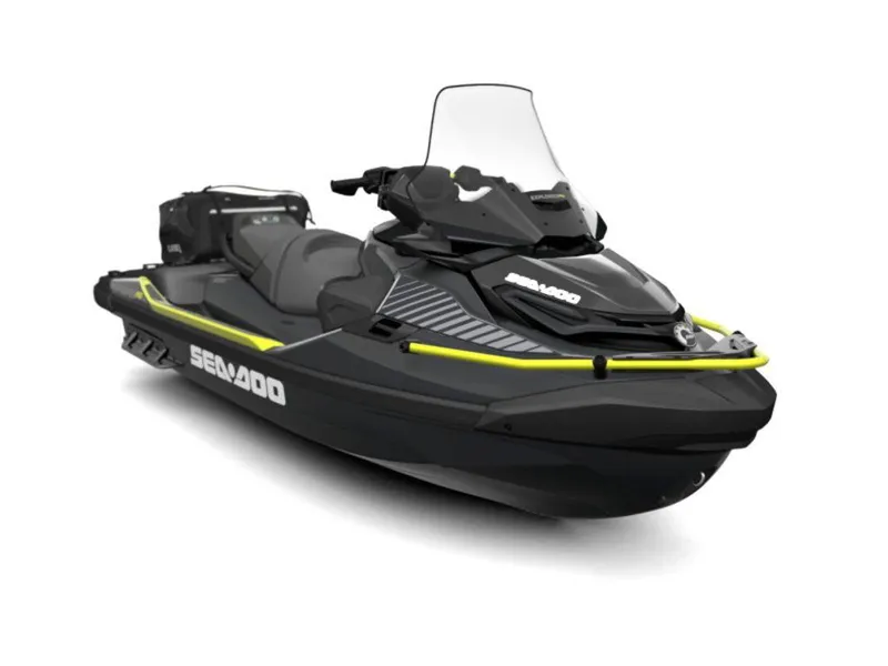 Slide: The Image of 2024 Sea-Doo Explorer Pro® 230 jet ski, black and yellow, front-side view. - 1
