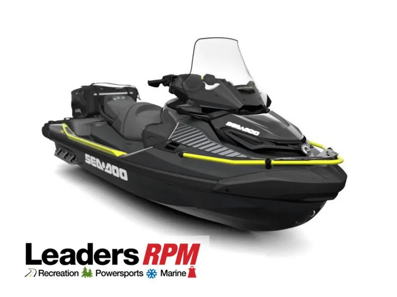 Slide: The Image of 2024 Sea-Doo Explorer Pro® 230 jet ski, black and yellow, Leaders RPM logo. - 0