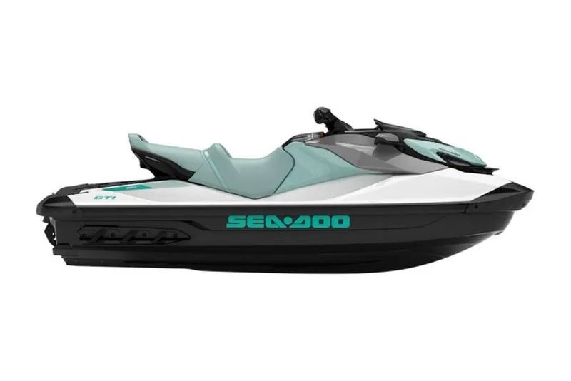 Slide: The Image of 2025 Sea-Doo GTI 130 jet ski, sleek design, side view, turquoise and white color scheme. - 24