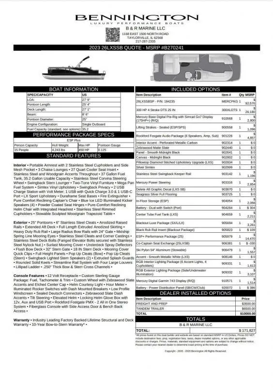 Slide: The Image of 2024 Bennington 26 LXSSB boat specifications and pricing details. - 7