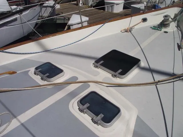 Slide: The Image of 1984 Irwin Center Cockpit sailboat deck with hatches and rigging. - 6