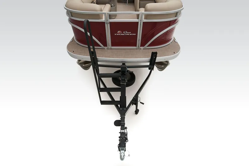 Slide: The Image of 2024 Sun Tracker Party Barge 20 DLX pontoon boat on trailer, rear view. - 12