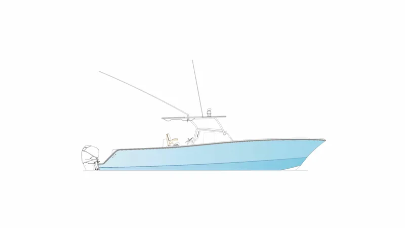 Slide: The Image of 2024 Front Runner 37 Catamaran, side view, light blue hull, sleek design. - 27