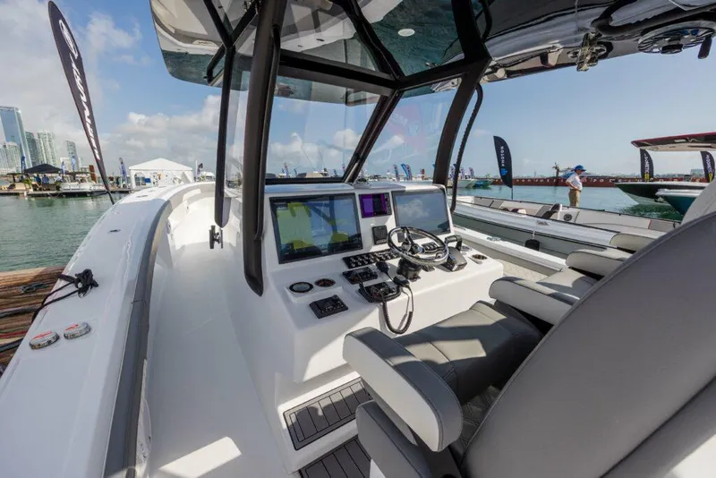 Slide: The Image of 2024 Front Runner 39 CC Custom boat interior with advanced navigation system. - 2