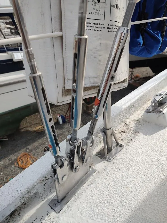 Slide: The Image of Stainless steel rigging on a 1981 Bruce Roberts 450 sailboat deck. - 39