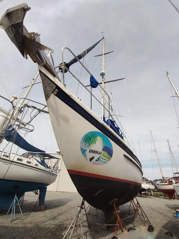 Slide: The Image of 1981 Bruce Roberts 450 sailboat on dry dock, featuring a tropical-themed logo. - 6