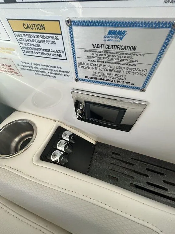 Slide: The Image of 2021 Formula 380 Super Sport Crossover yacht certification and control panel. - 51