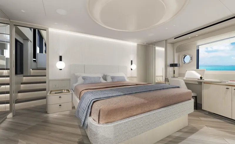 Slide: The Image of Luxurious master bedroom on the 2025 Absolute 70' Navetta yacht with ocean view. - 14