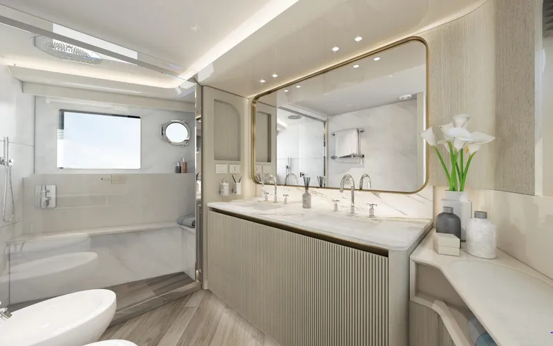 Slide: The Image of Luxurious bathroom in 2025 Absolute 70' Navetta yacht with modern fixtures and elegant design. - 15
