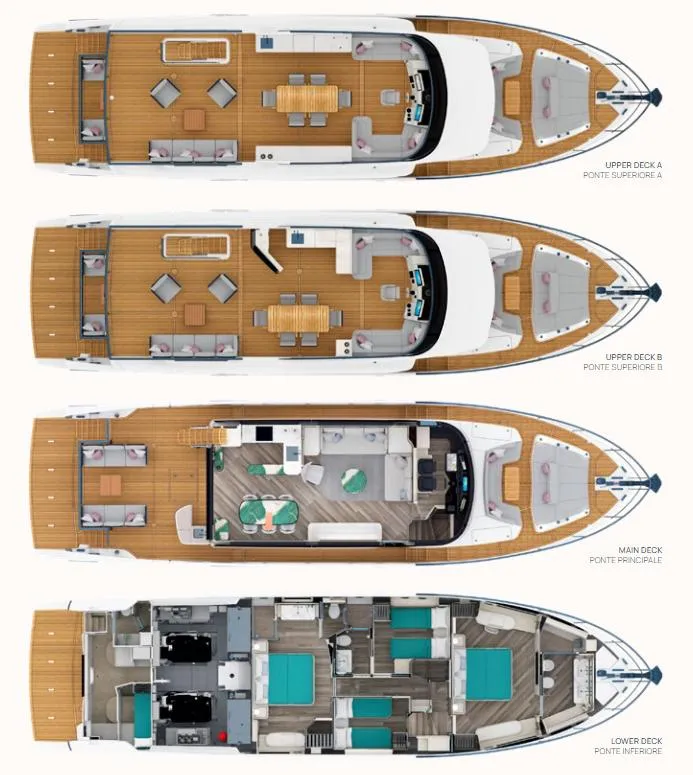 Slide: The Image of 2025 Absolute 70' Navetta yacht floor plan showing upper, main, and lower decks. - 16