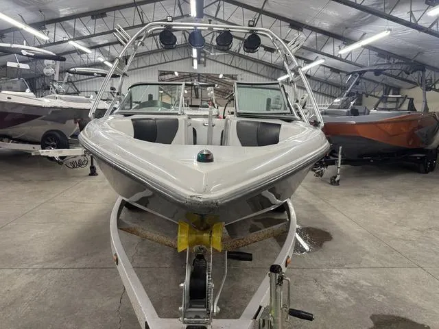 Slide: The Image of 2006 Moomba Outback boat in storage facility, front view. - 19