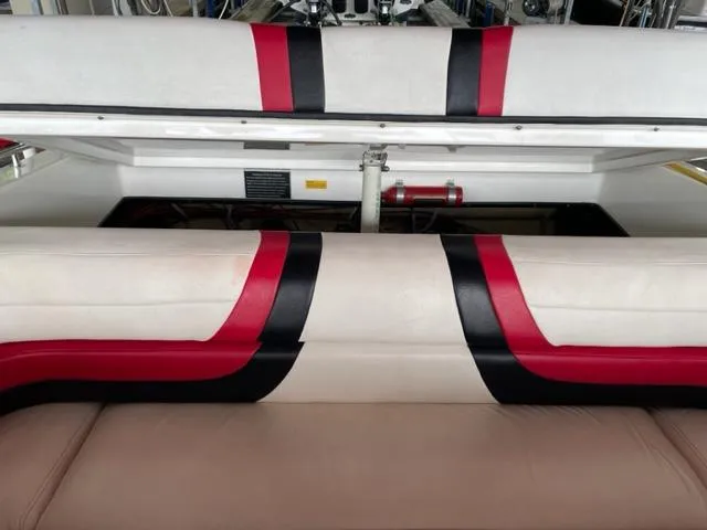 Slide: The Image of 1989 Baja 370 Force boat interior with red, black, and white upholstery. - 7