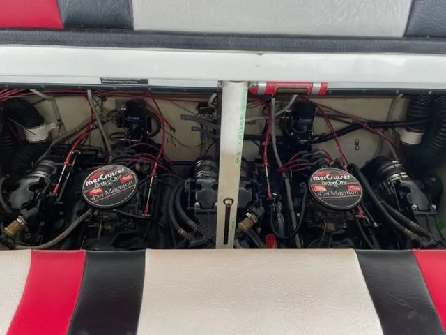 Slide: The Image of 1989 Baja 370 Force boat engine compartment with twin MerCruiser 454 Magnum engines. - 8