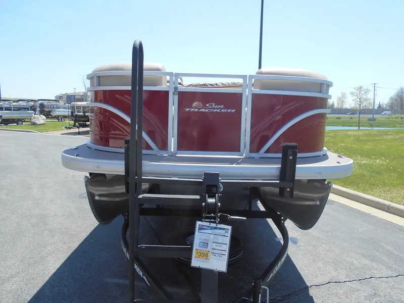 Slide: The Image of 2024 Sun Tracker Party Barge 22 RF DLX pontoon boat on trailer. - 3