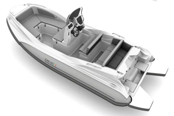 Slide: The Image of 2024 Zar Formenti 59 SL boat, sleek design, spacious seating, modern console, white and gray color scheme. - 9