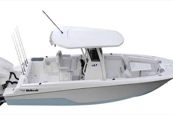 Slide: The Image of 2026 Wellcraft 243 Fisherman boat with sleek design and fishing rod holders. - 2