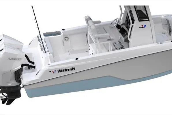 Slide: The Image of 2026 Wellcraft 243 Fisherman boat, white and blue, side view. - 4