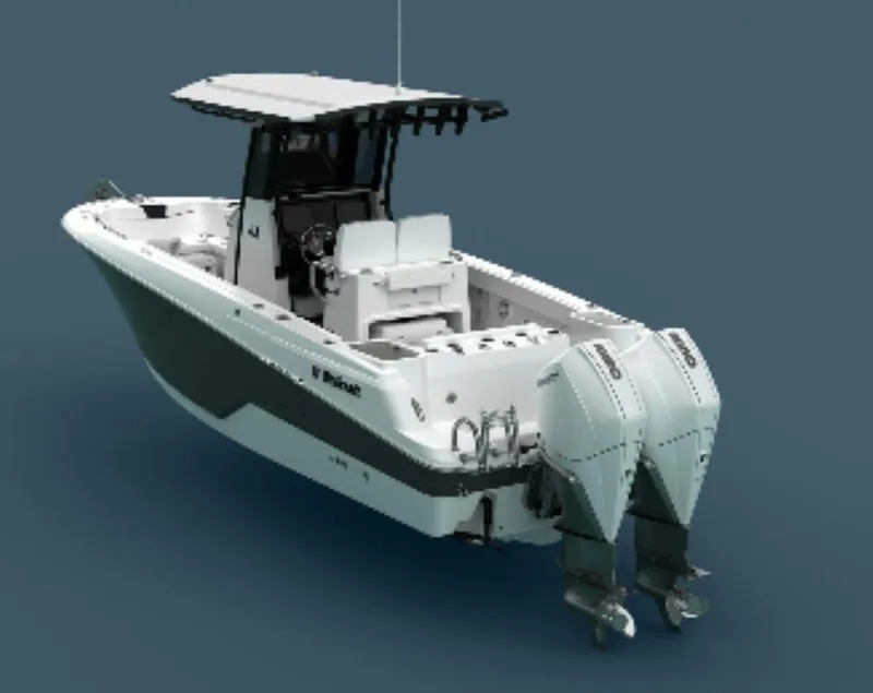 Slide: The Image of 2025 Wellcraft 263 Fisherman boat with dual engines on a blue background. - 10