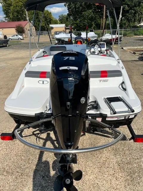 Slide: The Image of 2024 Tahoe T16 boat with Mercury 75 outboard motor, rear view. - 2