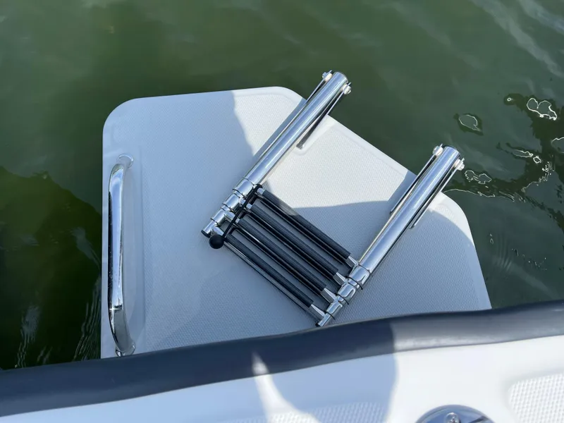 Slide: The Image of 2024 Boston Whaler 210 Montauk swim platform with stainless steel ladder in water. - 17