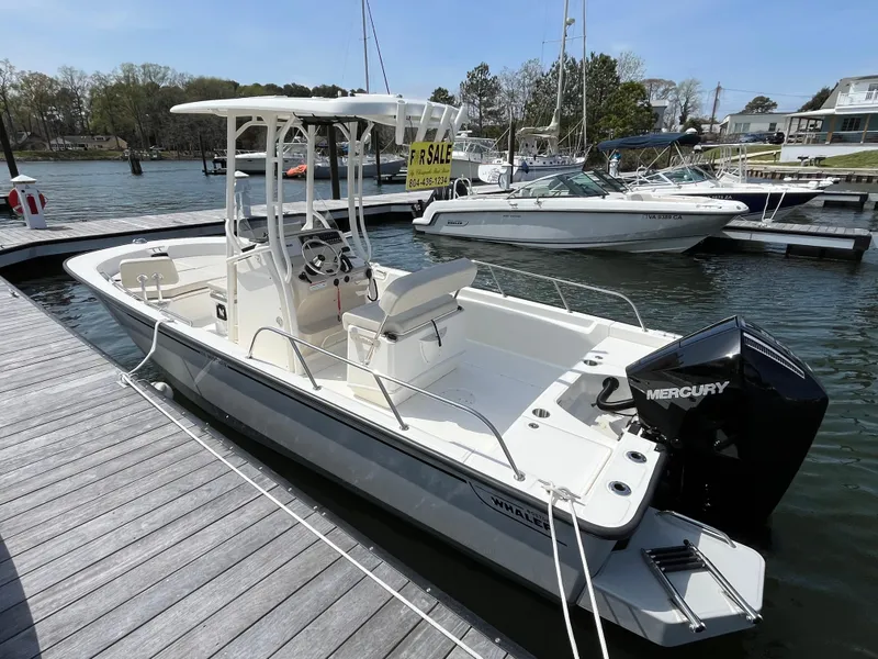 Slide: The Image of 2024 Boston Whaler 210 Montauk boat docked, featuring a Mercury outboard motor. - 22