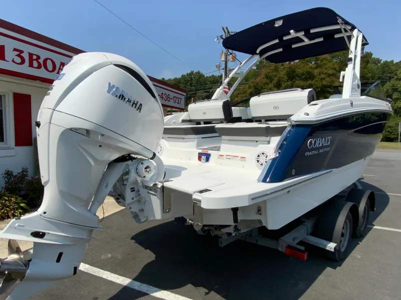 Slide: The Image of 2025 Cobalt R6 Outboard boat with Yamaha engine on trailer. - 10