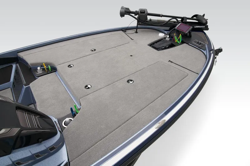 Slide: The Image of 2024 Nitro Z18 Pro fishing boat deck with storage compartments and trolling motor. - 10