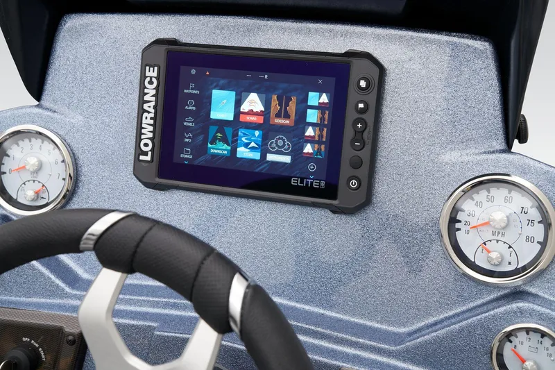 Slide: The Image of 2024 Nitro Z18 Pro dashboard with Lowrance Elite fishfinder and gauges. - 33