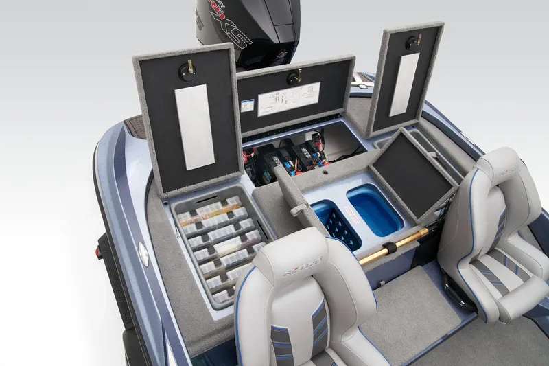 Slide: The Image of 2024 Nitro Z18 Pro boat with open storage compartments and seating. - 48
