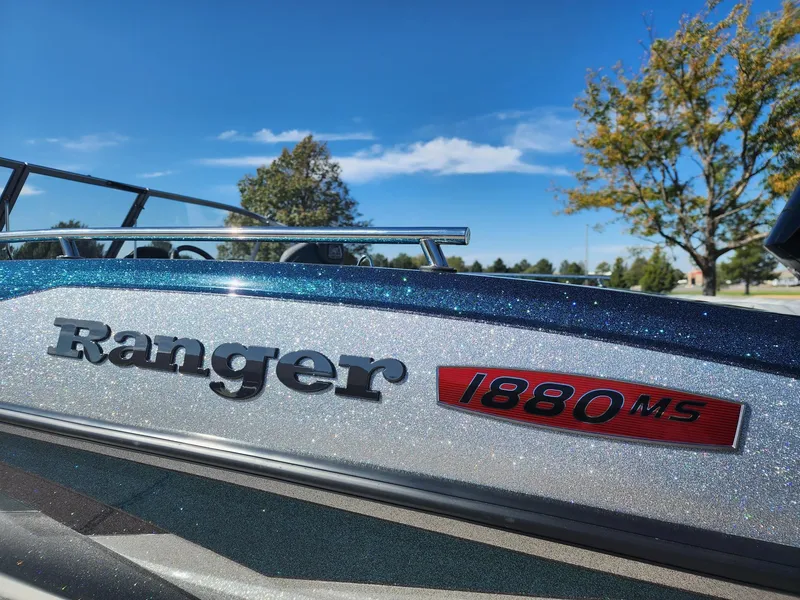 Slide: The Image of 2024 Ranger 1880MS boat side view with logo and model name. - 3
