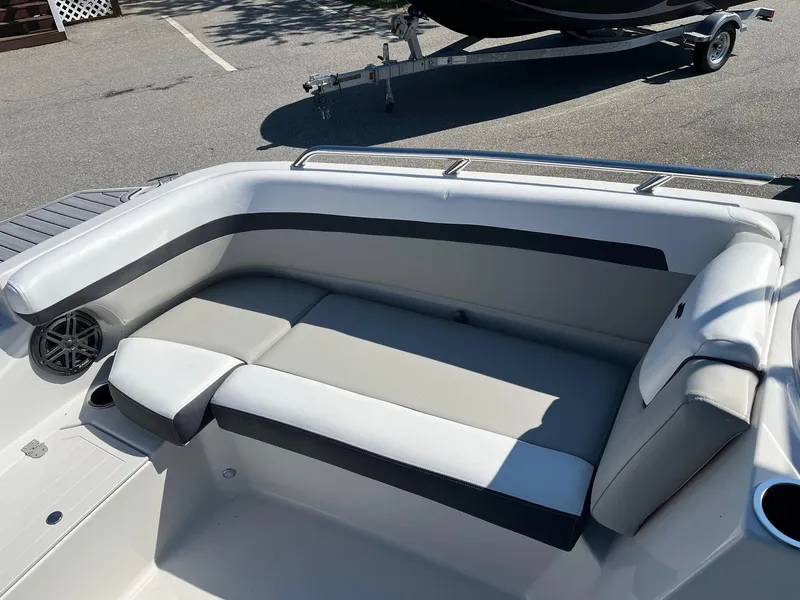 Slide: The Image of 2024 Starcraft SVX 191 boat interior with gray and black seating. - 4