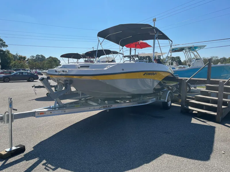 Slide: The Image of 2024 Starcraft SVX 191 boat on a trailer in a parking lot. - 2