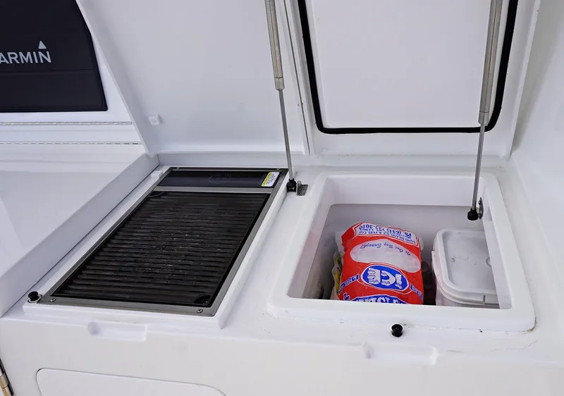 Slide: The Image of Henriques 42EXHT 2022 boat with open storage compartments and ice packs. - 20