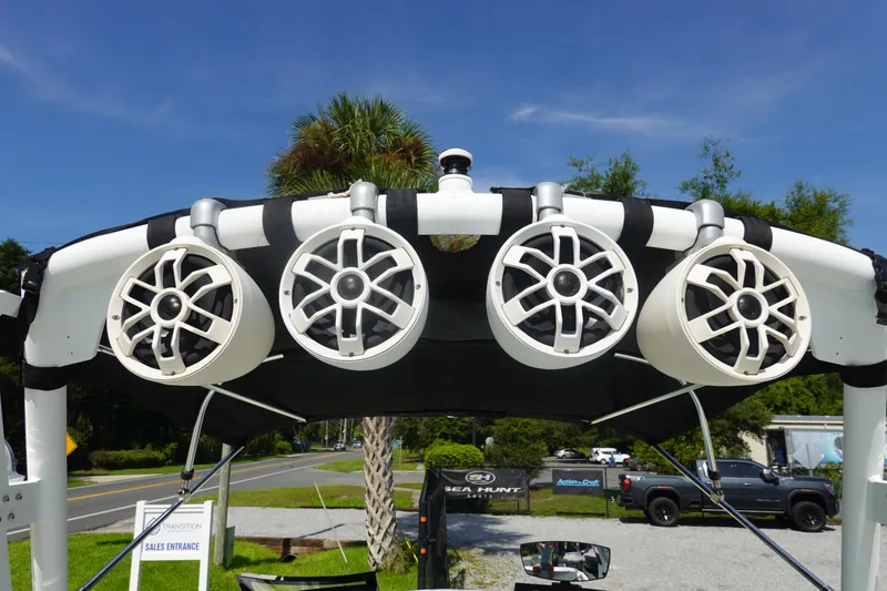 Slide: The Image of 2020 Axis T22 boat speakers on a wakeboard tower, set against a clear blue sky. - 37