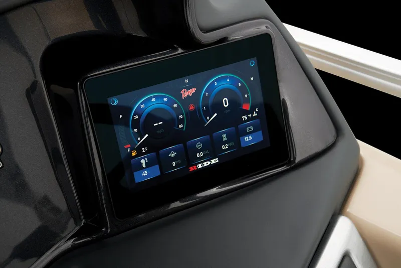 Slide: The Image of 2024 Ranger Reata 220C dashboard with digital display and controls. - 31