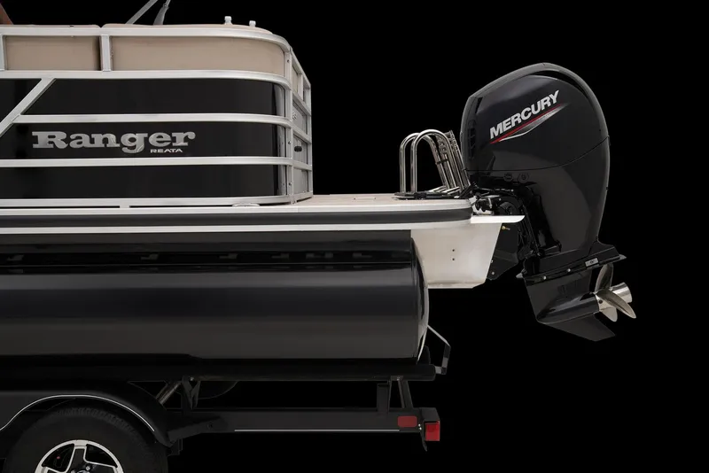 Slide: The Image of 2024 Ranger Reata 220C pontoon boat with Mercury outboard motor, side view. - 48