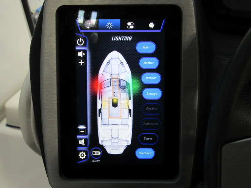 Slide: The Image of Touchscreen control panel of 2024 Malibu 23 LSV boat, displaying lighting options. - 27