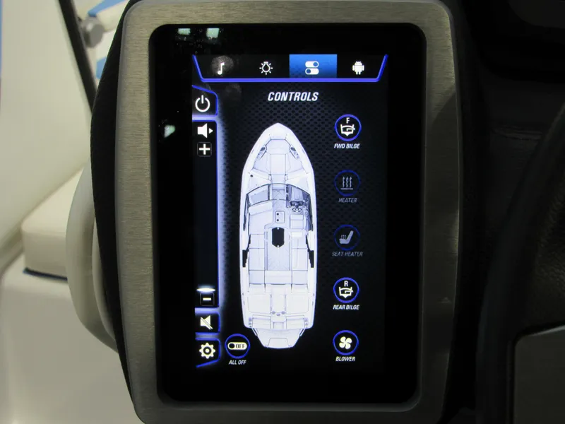 Slide: The Image of Touchscreen control panel of 2024 Malibu 23 LSV boat, displaying various settings and features. - 28