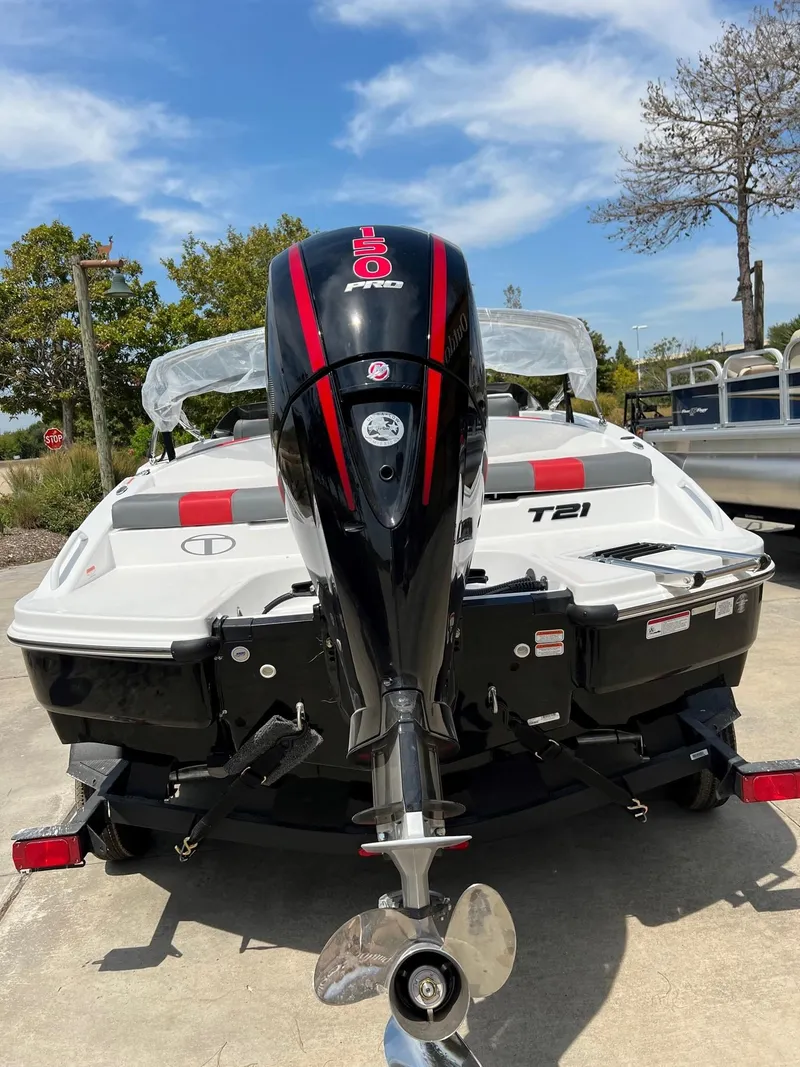 Slide: The Image of 2024 Tahoe T21 boat with outboard motor, rear view. - 9