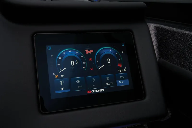 Slide: The Image of 2024 Ranger VX1888 WT digital dashboard display showing speed and system information. - 53
