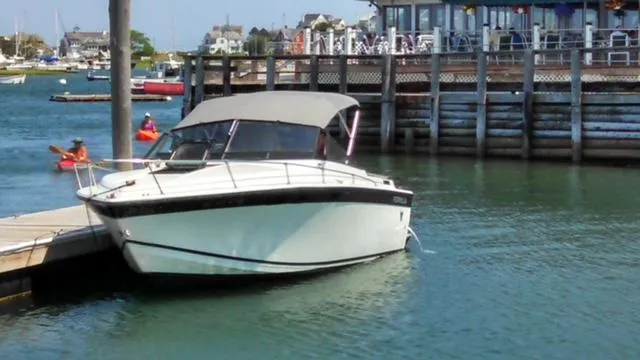 The Image of 1973 Formula Thunderbird 26 boat docked at a marina with kayakers nearby. - 1