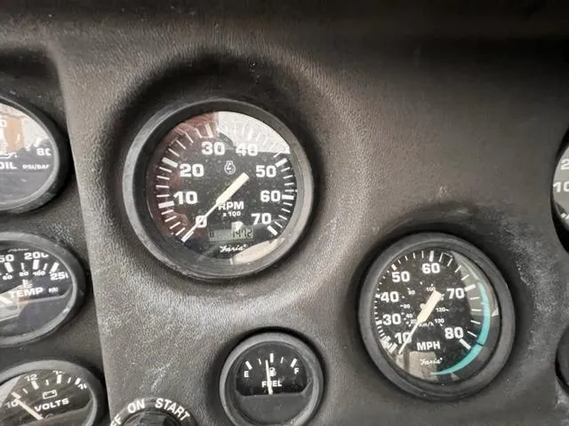 Slide: The Image of Dashboard gauges of a 1973 Formula Thunderbird 26 boat, showing RPM and speed indicators. - 15