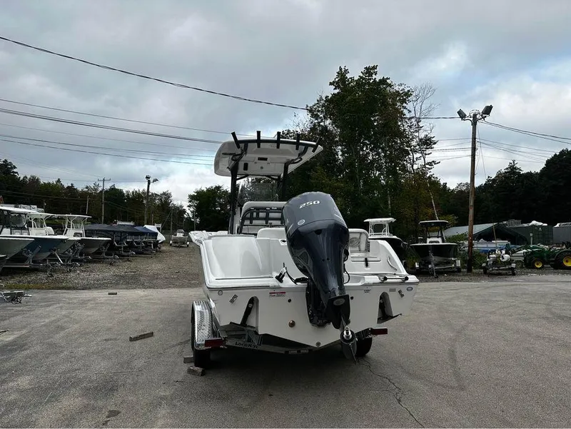 Slide: The Image of 2024 Sea Fox 248 Commander boat with outboard motor in a marina setting. - 2