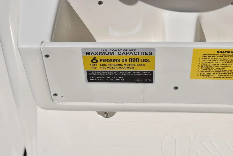 Slide: The Image of 2024 Key West 179 FS boat capacity label, 6 persons or 898 lbs. - 22